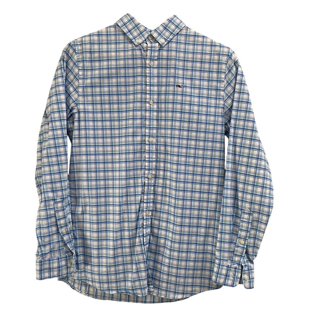 Vineyard Vines Boys On-The-Go Performance Plaid Button Down Shirt Blue Large 16